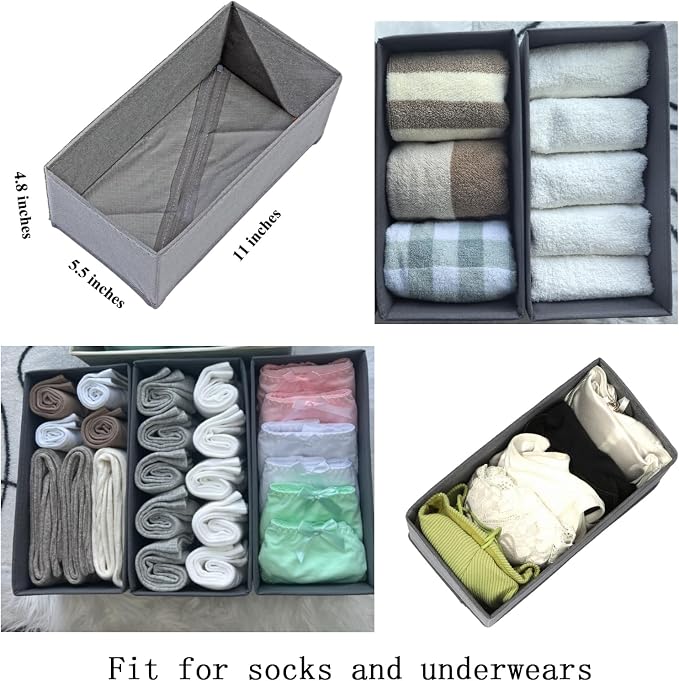 Bructhun Sock Drawer Organizer 3 Pack - Collapsible Fabric Storage Bins for Underwear Divider, Small Closet Organizers with 3 Compartments, Gray