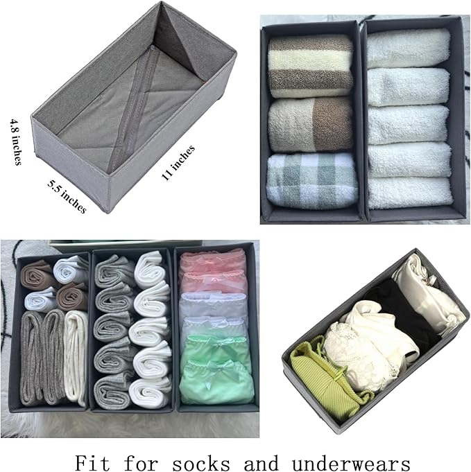 Bructhun Sock Drawer Organizer 6 Pack - Collapsible Fabric Storage Bins for Underwear Divider, Small Closet Organizers with 6 Compartments, Gray