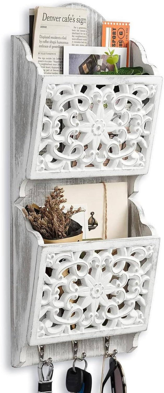Key and Mail Holder for Wall Mail Holder for Wall | 2-Slot Mails Organizer with 3 Hooks, Key Hangers Rustic Wooden Walls Organizers for Letter Magazines