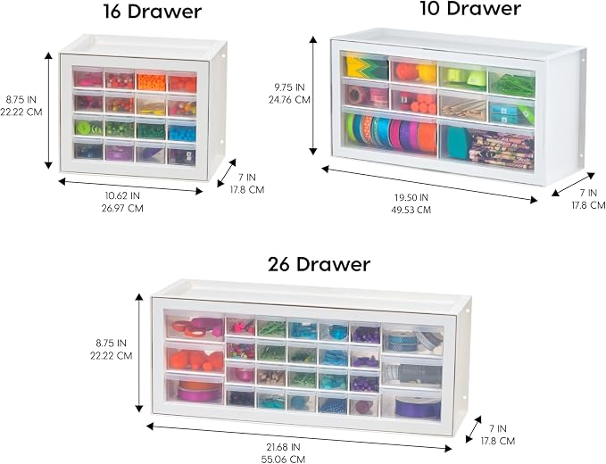 IRIS USA 16-Drawer Small Drawer Organizer, Craft Desk Storage, White | Wall mountable, Stackable Teacher Toolbox, Beads, Building Bricks, Water Packets, Screws, Hardware