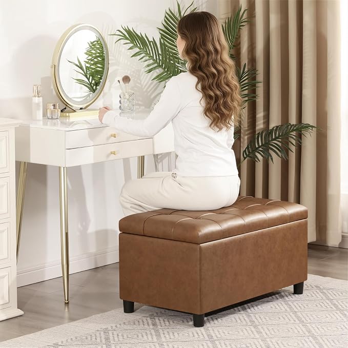 Joveco Storage Ottoman Bench, 32 Inches Faux Leather Rectangle Tufted Foot Stool for End Foot of Bed, Bedroom, Living Room,Warm Golden Brown
