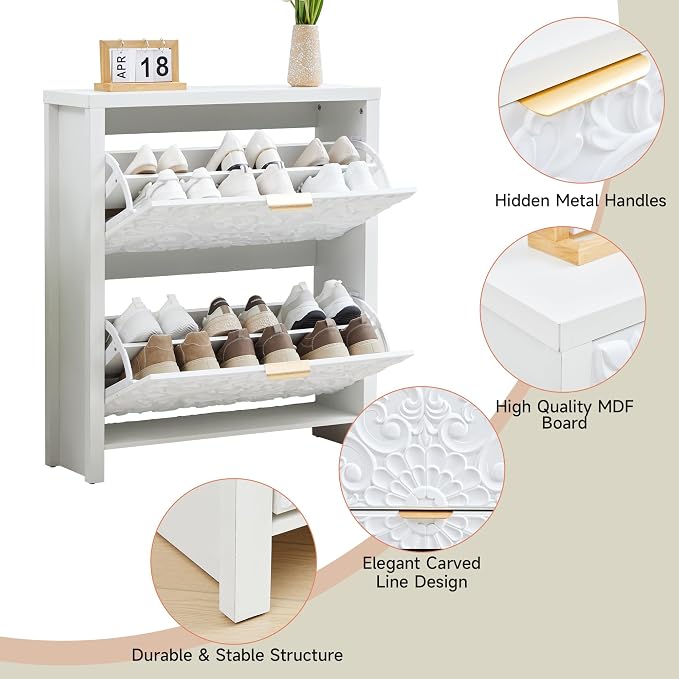 weselon Flip Drawer Shoe Cabinet Set of 2, Narrow Shoe Storage Cabinet, 2-Tier Hidden Shoe Organizer with Carved Floral for Entryway, Slim Shoes Storage for Hallway Foyer (2, White)
