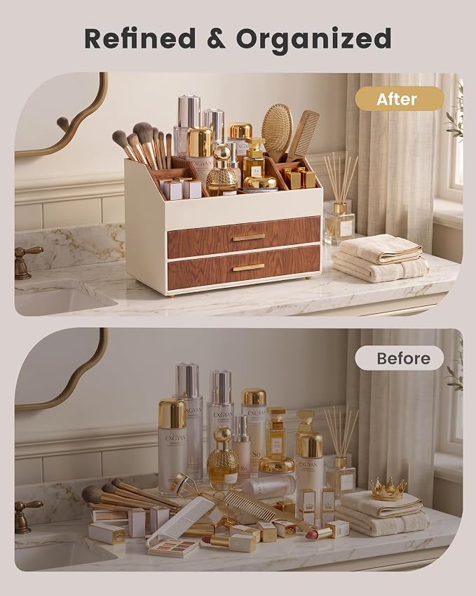 Lolalet 3-Layer PU Leather Makeup Organizer for Cosmetic Vanity -Walnut | Large Bedroom Dsek Countertop Cosmetic Organizer with Brush Holder, Skincare Storage for Lipsticks, Nail Polish, Perfume