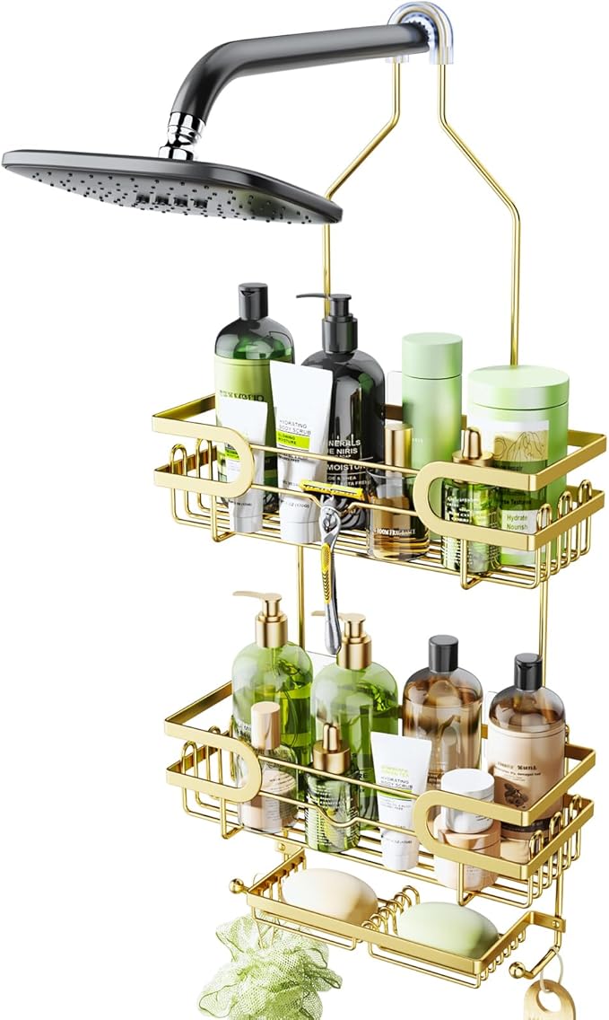 HapiRm Shower Caddy over Shower Head with 2 Soap Holders, Rustproof & Waterproof Hanging Bathroom Organizer with 12 Hooks, No Drilling Hanging Bathroom Caddy - Gold