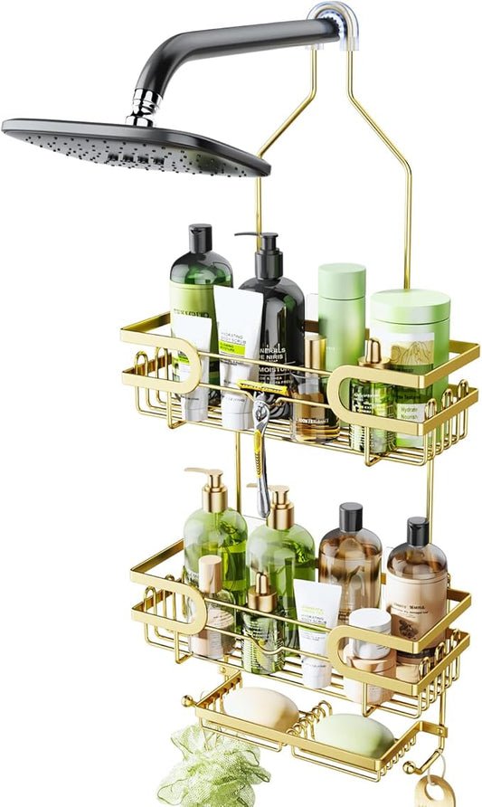 HapiRm Shower Caddy over Shower Head with 2 Soap Holders, Rustproof & Waterproof Hanging Bathroom Organizer with 12 Hooks, No Drilling Hanging Bathroom Caddy - Gold