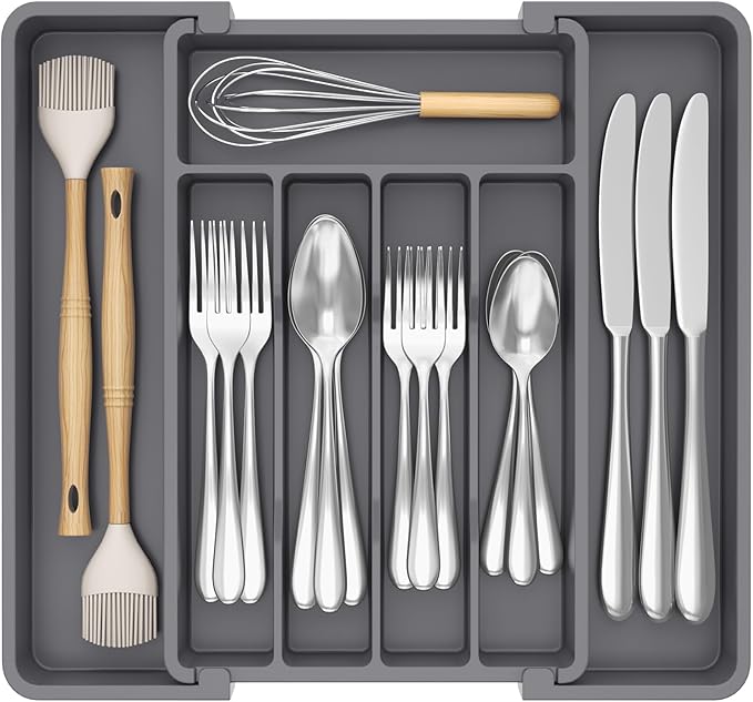 Lifewit Silverware Drawer Organizer, Expandable Utensil Tray for Kitchen, BPA Free Flatware and Cutlery Holder, Adjustable Plastic Storage for Spoons Forks Knives, 8.5-14 x 12", Dark Gray