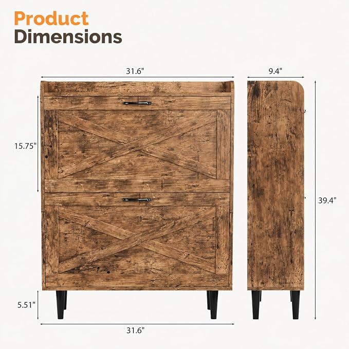 VINGLI Shoe Storage Cabinet for Entryway with 2 Flip Drawers, Ultra Slim Freestanding Entryway Shoe Organizer with Wood Tapered Legs,Hidden Closed Shoe Rack,31.6" W * 9.4" D * 39.4" H, Rustic Brown
