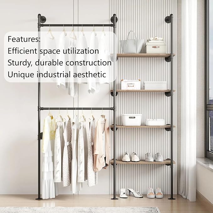 Industrial Pipe Clothing Rack | Hanging Rods Clothes Rack with Shelves, Clothes Rack for Wardrobe, Corner Closet System for Walk in Closets