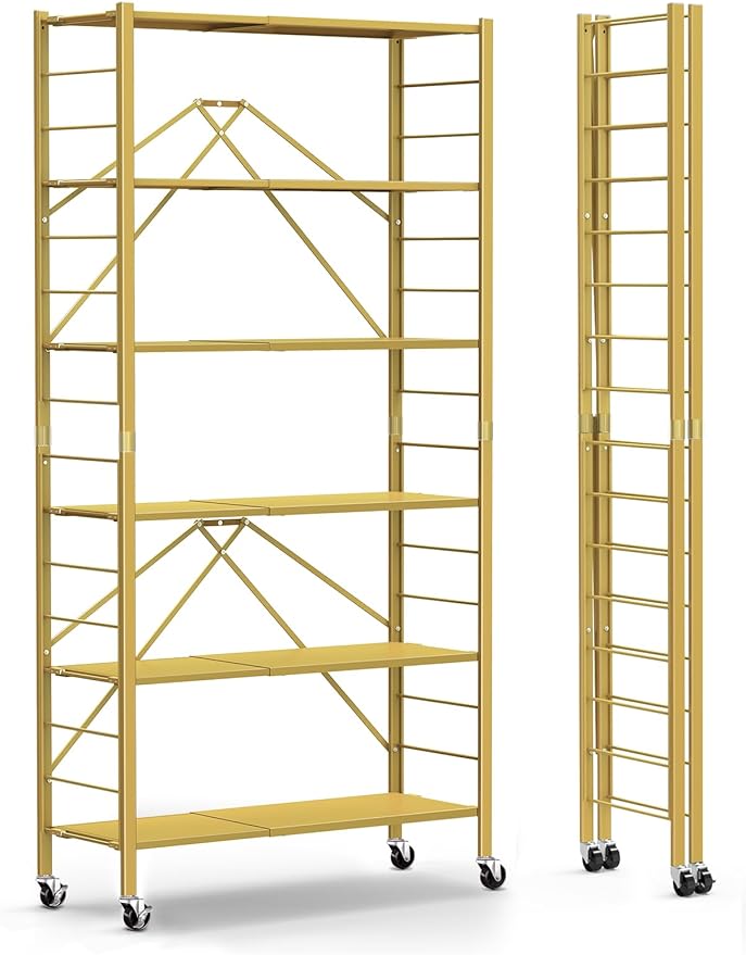 Himix 6-Tier Foldable Storage Shelves Expandable Shelf Wheels Gold 2-in-1