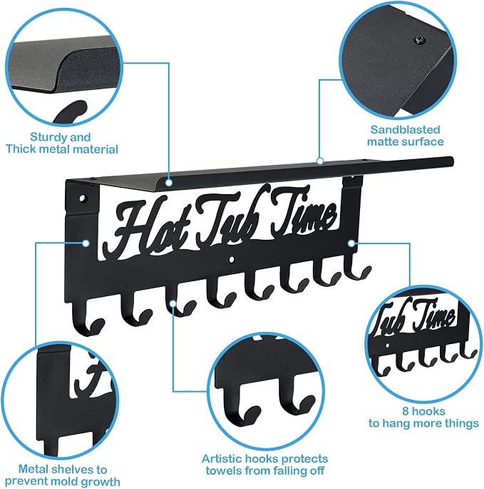 IBosins Hot Tub Towel Rack with Shelf 8 Hooks Towel Holder Wall Mount Black | 16-Inch Bathroom Metal Towel Hanger Robes, Towels, Clothes Organizer - Hot Tub Outdoor Accessories and Decor
