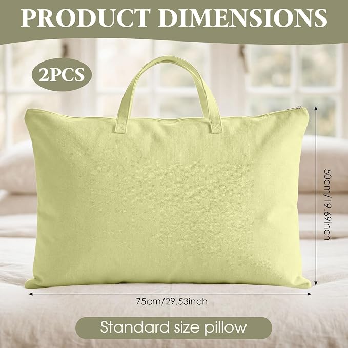 2 Pack Travel Pillow and Blanket Bags, 100% Cotton Canvas Pillow Storage Bag with Handles, Heavy Duty Breathable Organizer for Bedding Linens, Pillow Bag for Traveling(2,Olive Green,20"x30")