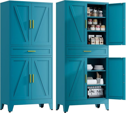 71" Tall Farmhouse Pantry Cabinet,Metal Cabinet with Adjustable Shelves and Doors,Storage Cabinet for Kitchen Garage,Blue 1 Pack