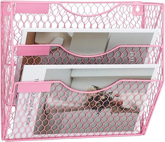EASEPRES Mail Organizer Wall Mount Hanging File Holder Storage, Metal Chicken Wire Magazine Rack 3 Tier, Pink
