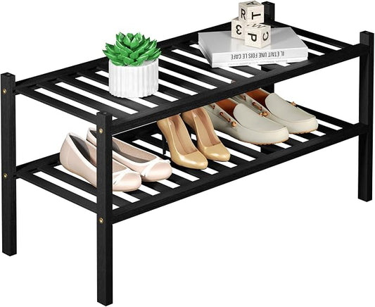 ROMGUAR CRAFT 2 Tier Bamboo Shoe Rack for Closet Free Standing Wood Shoe Shelf for Entryway Small Space Stackable 27"x11"x13" (Black)