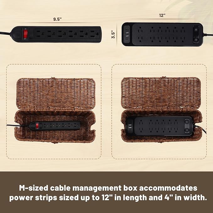 BROWNLILY Cable Management Box, Rattan Style Cord Organizer for Desk Cord Hider Outlet Covers for Power Strip TV PC Router Charger Under Desk Storage with Lockable Lid and Cable Ties