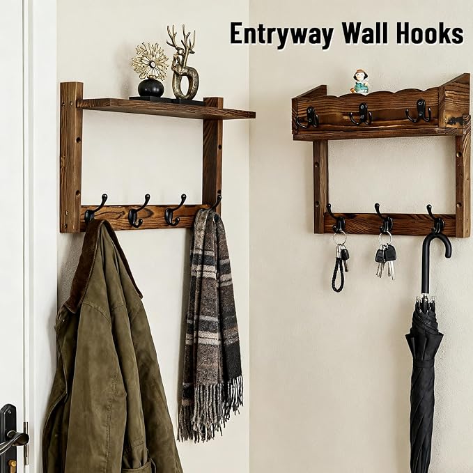 28" Coat Rack Wall Mount with Shelf with 7 Hooks 3 Key Hanger | Entryway Key Holder Wall Mount Wood Wall Coat Hooks, Wall Mounted Coat Rack Mail Holder for Living Room, Bedroom