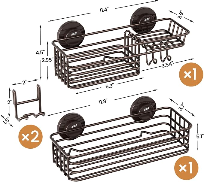 LEVERLOC Shower Caddy Suction Cup, 2 Pack Shelves for Inside with Hooks | Brown Shower Storage, Rustproof Meatl Bathroom Basket, Soap Holder, NO-Drilling Shower Holder
