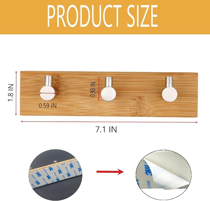 Bamboo Wood Key Holder for Wall - Key Hanger with Hooks - Decorative Wall Hooks for Hanging Heavy Duty Key Organizer for Kitchen, Bedroom, Bathroom - Ideal Coat Rack (3 Hooks, Sliver)