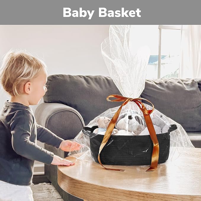 CHICVITA Small Cotton Rope Gift Basket for Shelves, Black | 13" x 10" x 5", Decorative Storage Basket for Bathroom & Nursery Organization, Baby Toys, Towels & Books Storage