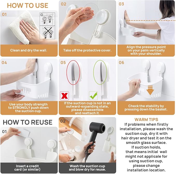 LEVERLOC Shower Caddy Suction Cup Set Shower Organizer & Soap Holder & Toothbrush Holder, Bathroom Shelf Basket NO-Drilling, Removable Suction Storage Waterproof Bathroom Caddy, White | Toothbrush Holder, NO-Drilling Bathroom Shelf, Removable Suction S...