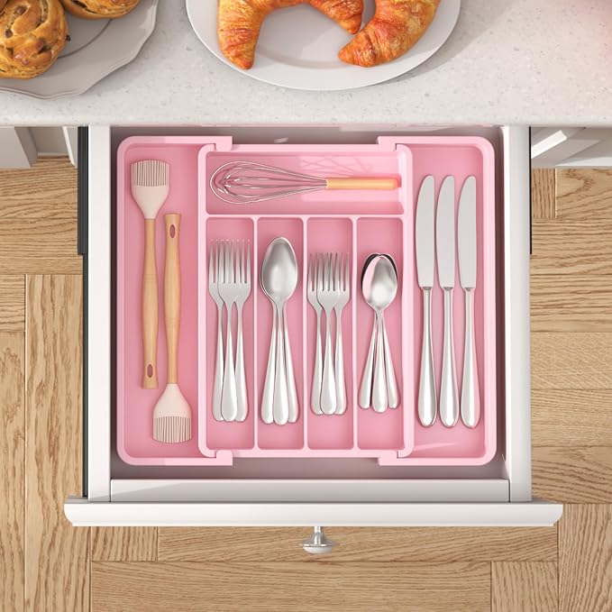 Lifewit Silverware Drawer Organizer, Expandable Utensil Tray for Kitchen, BPA Free Flatware and Cutlery Holder, Adjustable Plastic Storage for Spoons Forks Knives, 8.5"-14.1" x 12.1", Pink