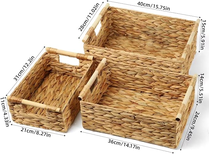 Wicker Storage Baskets for Organizing 3 Pack,Natural Water Hyacinth Ratten Baskets with Wooden Handles, Decorative Handwoven Storage Baskets for Shelves, Bathroom, Pantry or Kitchen
