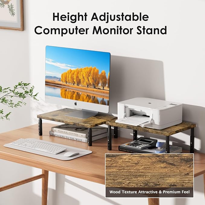 ECOLOVI Adjustable Wood Computer Monitor Stand Riser for Desk, Office Desk Organizer and Accessories for Monitor, Laptop, PC, Printer, Office Desk Accessories Workspace Organizer for Home Office Supplies, Brown 2-Pack