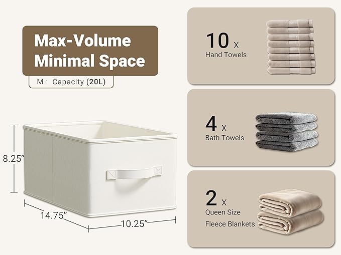 LayerSpace Fabric Storage Bins | Closet Bin Shelf Organizer Shelf Basket | Collapsible Linen Closet Organizer Storage Cube | 14¾"L x 10¼"W x 8¼"H | Storage for Clothes | White & Ivory 3 Pack | Thickened Rigid PP Panels, Cotton-linen Shelf Baskets, Meas...
