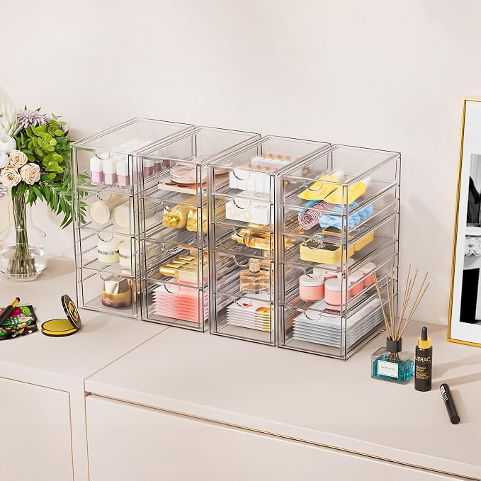YFXCVSL 6-Pack Acrylic 31-Drawer Storage & Makeup Organizer for Desk | Smooth-glide drawers, clear acrylic, stackable, dustproof, wipe-clean, for makeup palettes, lipsticks, blushes, cotton pads