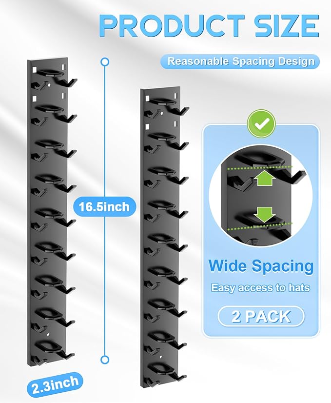 2 Pack Hat Organizer for Baseball Caps, Strong Adhesive Hat Rack for Wall, Multilayer Hat Storage Display Holder for Door Closet, Cap Organizer Storage Wall Mounted Hat Hooks Hold up to 18 Hat (Black)