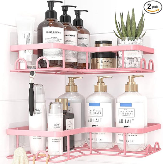 Sakugi Corner Shower Caddy - 2 Pack, Adhesive Shower Organizers, Rustproof Stainless Steel Shower Shelves with 8 Hooks, No Drilling Bathroom Organizers and Storage Racks, Space-Saving, Pink, Medium