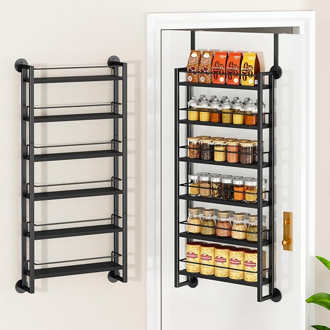 IBUYKE Over the Door Spice Organizer,Door or Wall Mount,Black TLJ028B | 6 Tier Wall Mounted Spice Rack Adjustable Hanging Storage Shelves Spice Organization for Kitchen cabinet Bathroom Closet