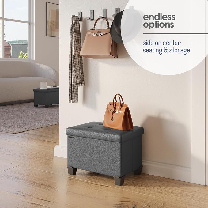 Storage Ottoman Cube with Small Bin, 16-in Square Ottoman with Storage for Living Room and Bedroom, Small Ottomans Foot Rest, Leather Foot Stools Ottomans Max 330lbs, Grey