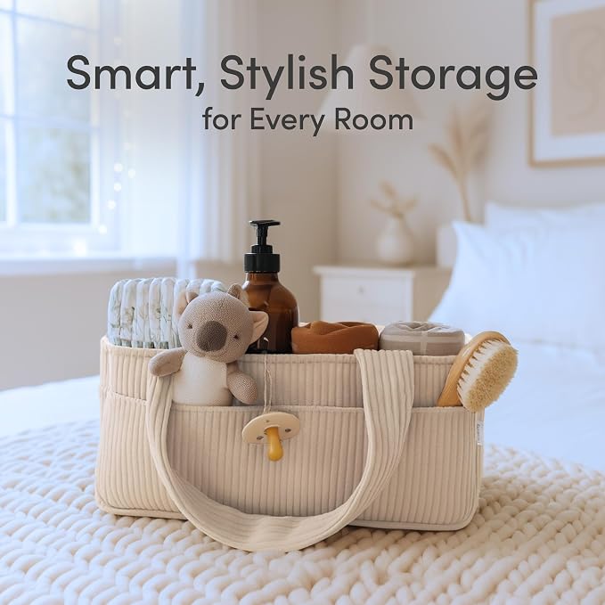 PUTSKA Baby Diaper Caddy Organizer, Nursery Basket, Cream Corduroy