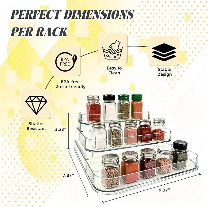 3-Tier Spice Rack 2-Pack, Clear PET Storage Set | No assembly required, fits kitchen, bathroom, pantry. Holds spices, vitamins, cosmetics. BPA-free, space-saving