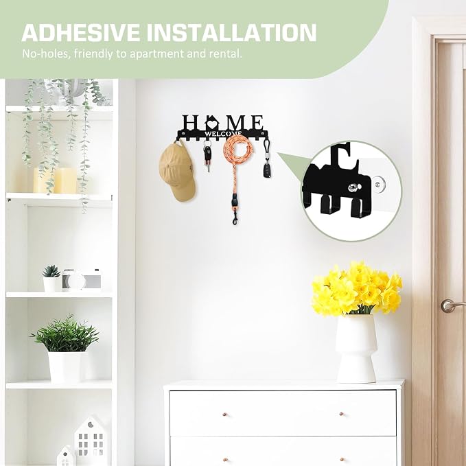Key Holder Wall Mount, Adhesive Key Hanger with 10 Hooks, Black | Metal Material, 2 Mount Options, Compact Design, Cute Wall Decoration, Suit for Entryway, Doorway, Hallway, RV, Garage