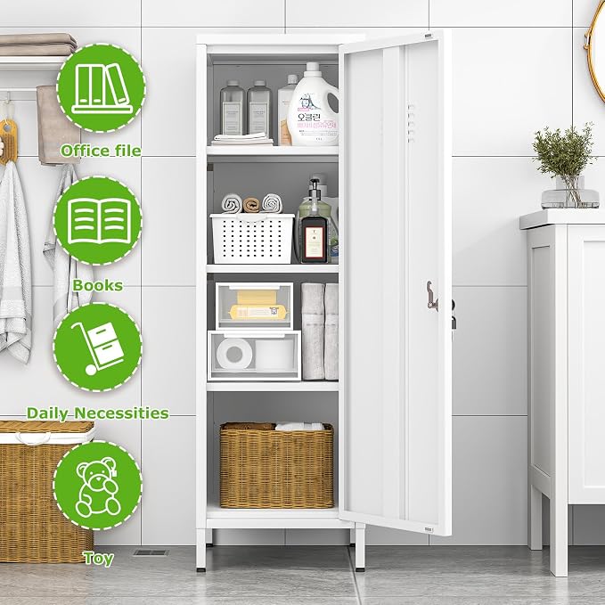 PAOFIN 47" Metal Storage Locker, Lockable Employees Metal Locker with Door and Adjustable Shelves, Steel Locker for Home, School, Office, Gym (White)