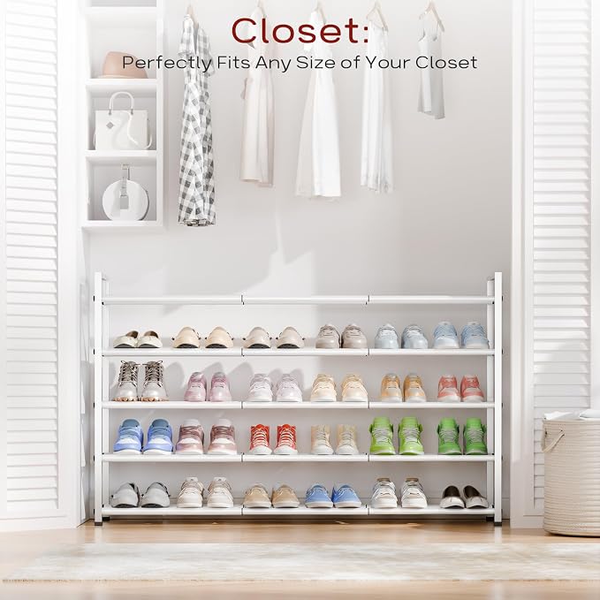 Bumusty 5 Tier Long Expandable Shoe Rack for Closet, White | 18"-44" Adjustable Shoe Rack for Entryway, Shoe Organizer for Dorm, Front Door, Sturdy Metal