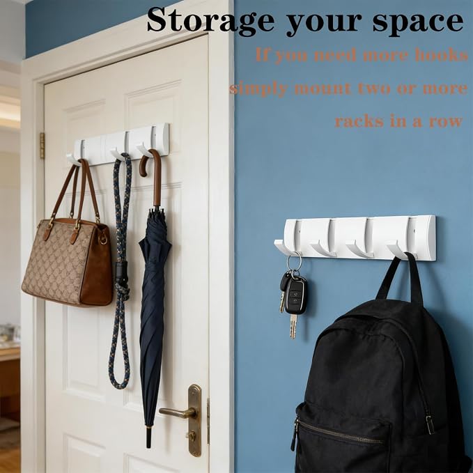 Folding Coat Hooks, Wall Mounted Coat Rack with 8 Retractable Hooks, Heavy Duty Towel Rack for Bathroom Wall Hook for Hanging Clothes Bathrobe, Stainless Steel Coat Hanger for Entryway(White)
