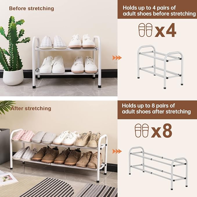 Gonfoam Expandable 2-Tier Shoe Rack for Closet and Entryway, White | Tool-Free Assembly, Metal Material, Adjustable Shoe Organizer, Sturdy, Small Space Solution, Dorms, Garages, Apartments.