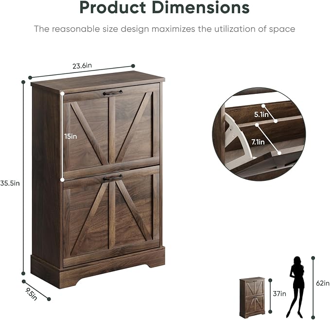 Smart FENDEE Shoe Cabinet, Shoe Storage Cabinet for Entryway with 2 Flip Drawers, Narrow Farmhouse Shoe Organizer Cabinet, Slim Shoe Rack Cabinet, 23.6in Walnut