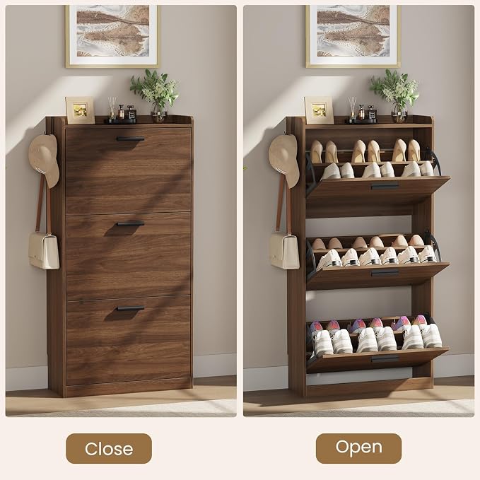 Shoe Cabinet Organizer with 3 Flip Drawers,Narrow Shoe Rack 23.6" W White | Freestanding shoe storage cabinet for entryway,foyer and hallway,slim design and space-saving flip drawers