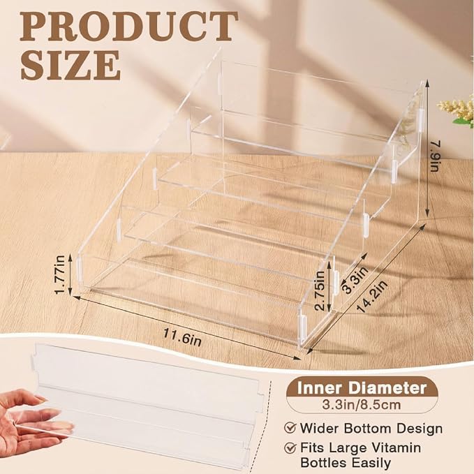 Novabright 4 Tier Acrylic Vitamin Organizer 14.2 x 11.6 x 7.9 Inches, Clear Pill Bottle Storage for Medicine Cabinet, Vitamin Storage Organizer for Kitchen Counter, Bathroom, Pantry