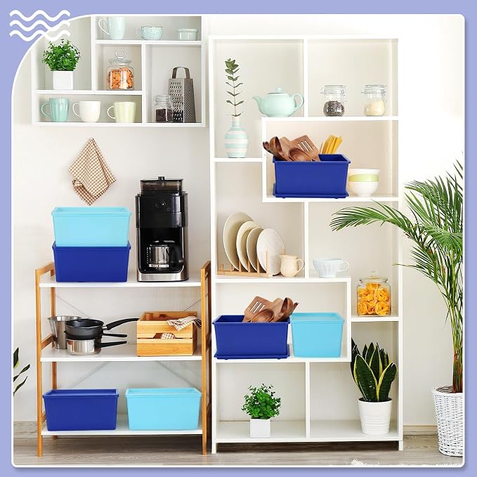 6 Pcs Storage Bins with Lids Small Plastic Storage Containers Stackable Storing Baskets Box Cute Organizer Bins for Organizing Shelves (Blue Series)