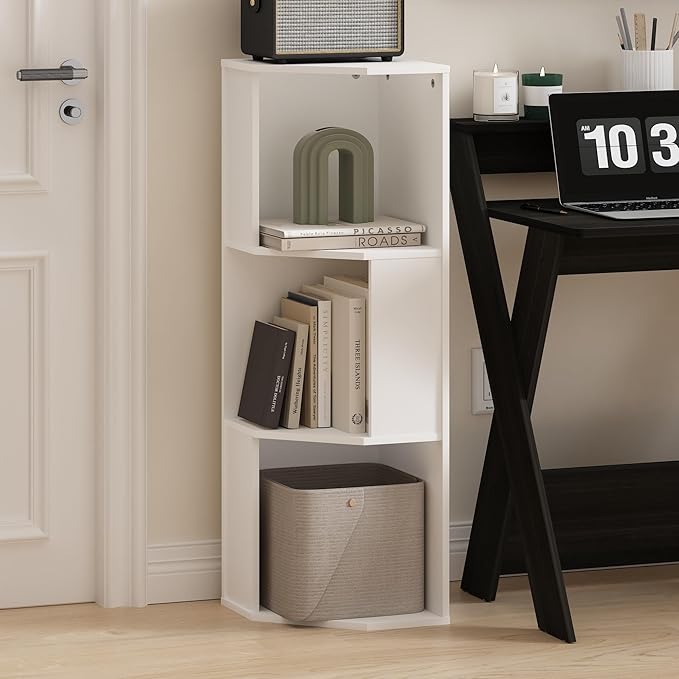 Furinno ECON Corner Shelf, 3-Tier Corner Book Shelf, Standing Storage Shelves, Cube Display Rack, Bookshelf, for Organization and Storage, Living Room, Home Office, Plain White