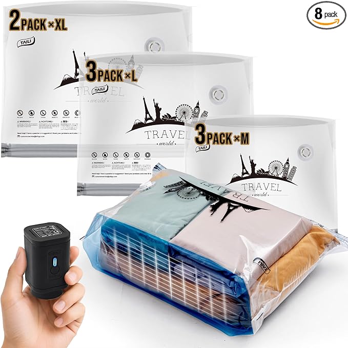 TAILI Vacuum Storage Bags with Electric Pump, 8 Pack(3M+3L+2XL) | Vacuum Seal Bags for Clothing, Beddings, Blankets, Pillows, Compression Packing Cube for Luggage Travel