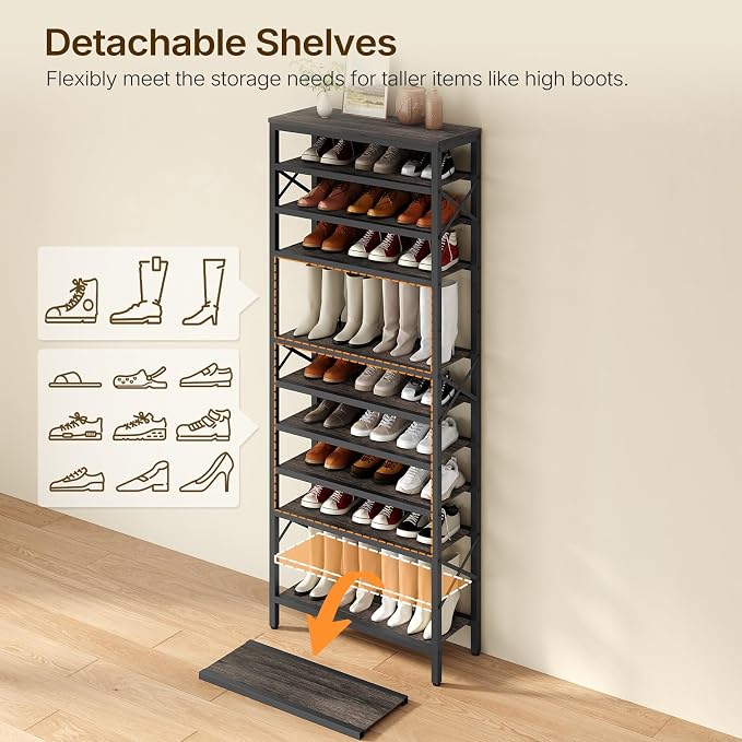 12-Tier Tall Shoe Rack Organizer, Wooden Shoe Storage for Closet Holds 48 Pairs, Sturdy Shoe Shelf with X-Shaped Metal Support, for Entryway, Bedroom, Charcoal and Black SS212BC