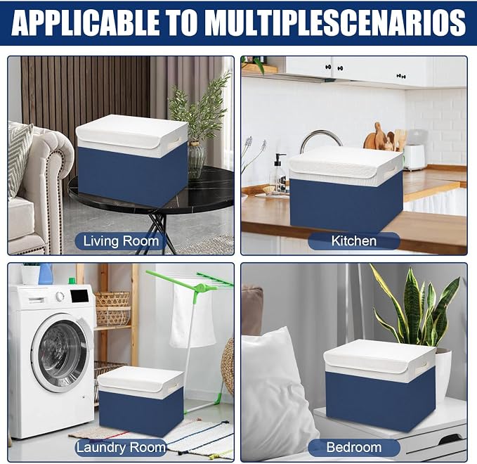 Bagnizer Large 42 Quarts Fabric Storage Bins with Lids [2-Pack] Linen Collapsible Foldable Baskets, Closet Organizer Containers boxes with Handles for Home Office (16.7 x 12 x 12, Navy Blue & White)