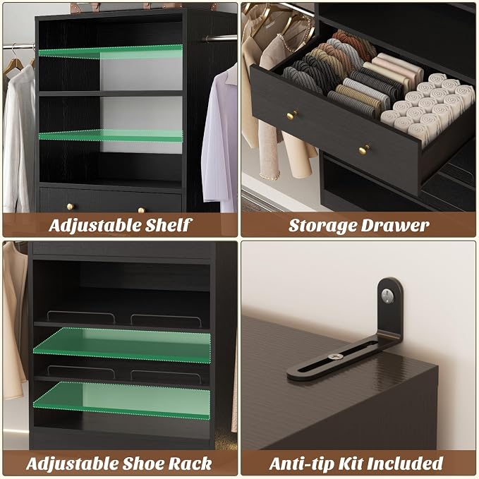 Wood Closet Organizer System - 4FT-9FT Expandable Wardrobe Closet with Drawer & 4 Hanging Rods, Heavy Duty Walk-in Closet 1000Lbs for Bedroom Walk-in Closet, Black