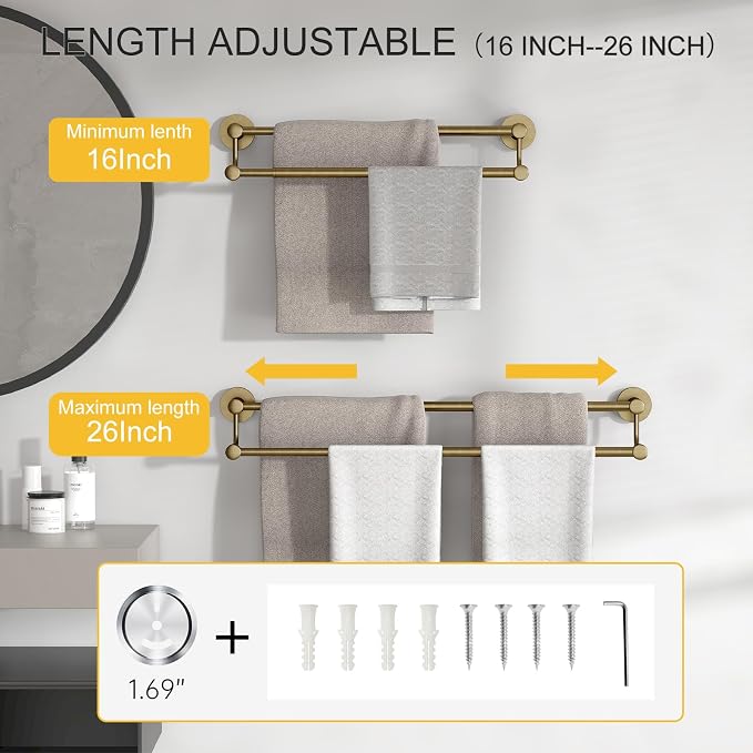 Double Towel Bar Bathroom Towel Rack Towel Rod Holder Antique Brass | Adjustable 16-26 In, Wall Mounted Towel Holder, Stainless Steel, Rustproof, Towel Bar Rod Hanger Hardware Accessories Hotel